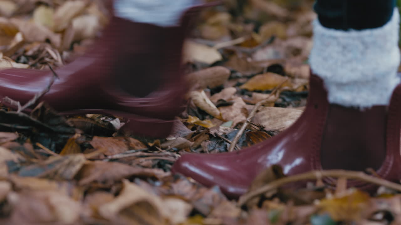 mujer caminando por el camino del bosque caminando por las hojas de otoño con botas explorando la naturaleza disfrutando del viaje en el bosque
