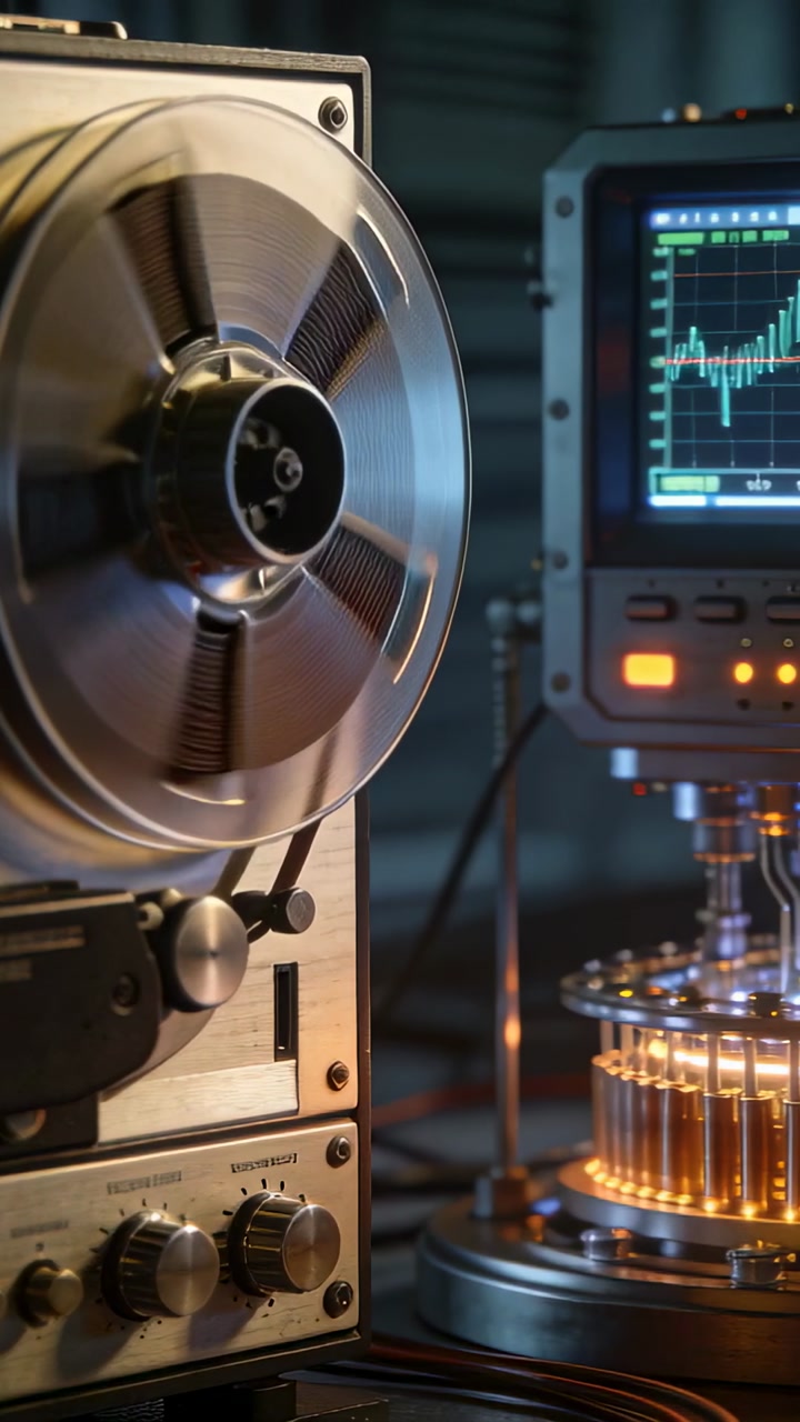 Vertical video: Powering reel deck, spinning reel on bench while scope showing signal, tube glowing