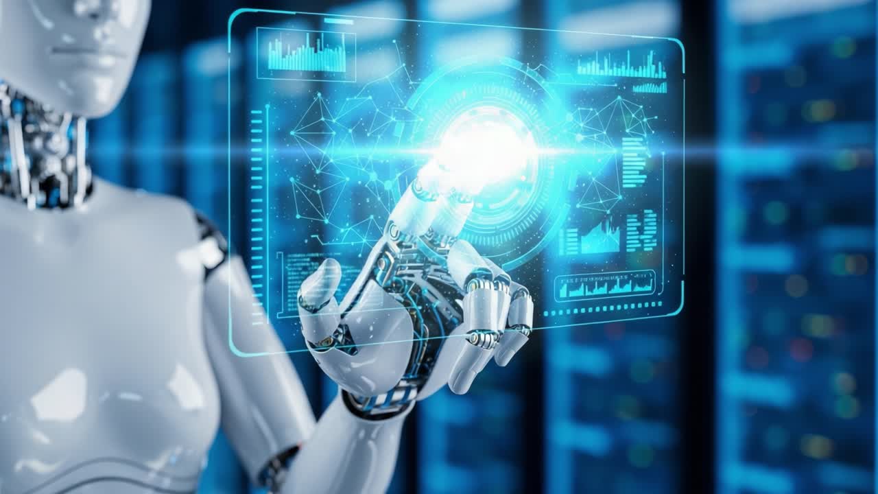 A Futuristic Robotic Hand Interacting with Holographic Data Display, Showcasing Advanced Technology and Innovations in Artificial Intelligence