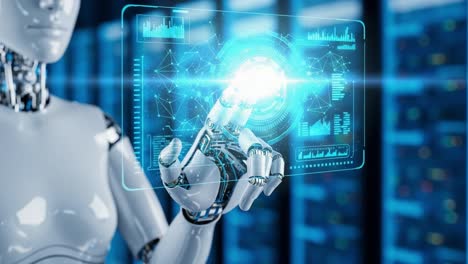a futuristic robotic hand interacting with holographic data display, showcasing advanced technology and innovations in artificial intelligence