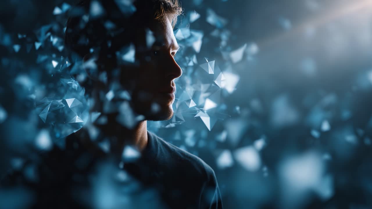Un ritratto enigmatico: una persona in silhouette tra forme geometriche dinamiche e luce soffusa, che crea un'atmosfera di mistero e fascino in una rappresentazione creativa