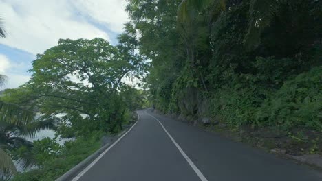 Driving-on-amazing-road-between-forest-and-lush-vegetation,-rocks-and-trees-on-both-road-sides,-Mahe-Seychelles-8