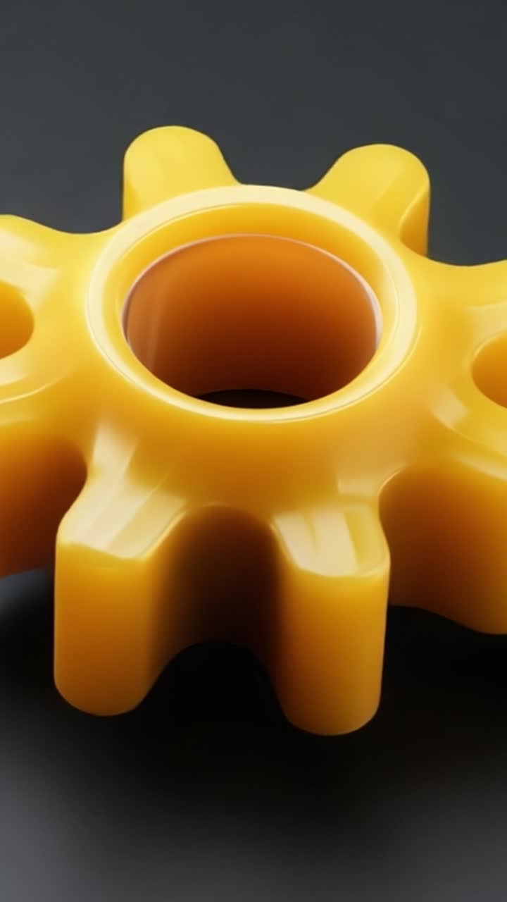 Vista ravvicinata di un componente meccanico giallo con una forma unica a stella a sei punte, ideale per applicazioni industriali e contesti di macchinari.