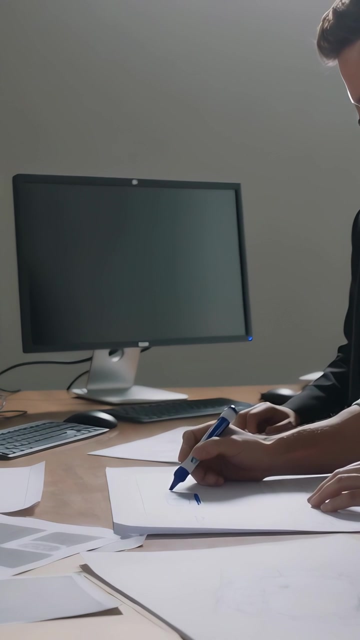 Vertical video: Placing sheet designer blazer sketching on prints at desk for edit with blue marker