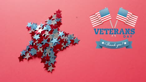 animation of veterans day text and star with flags of united states of america