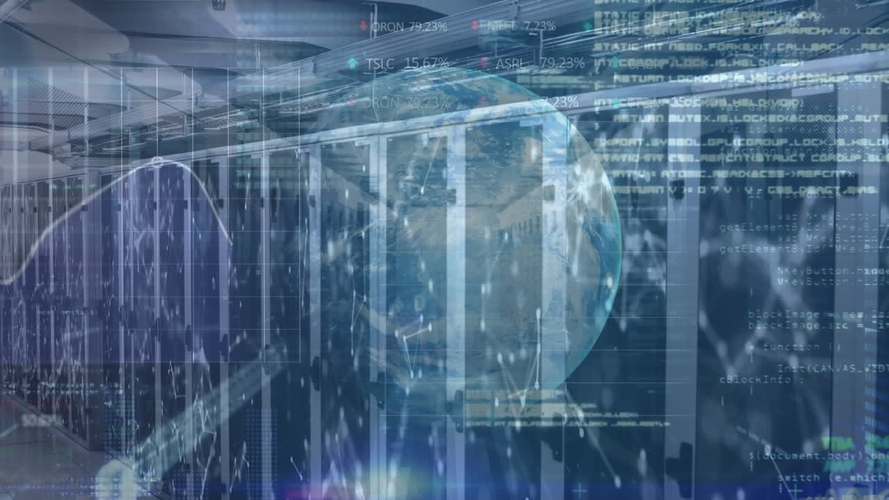 Animation of globe and data processing over computer servers