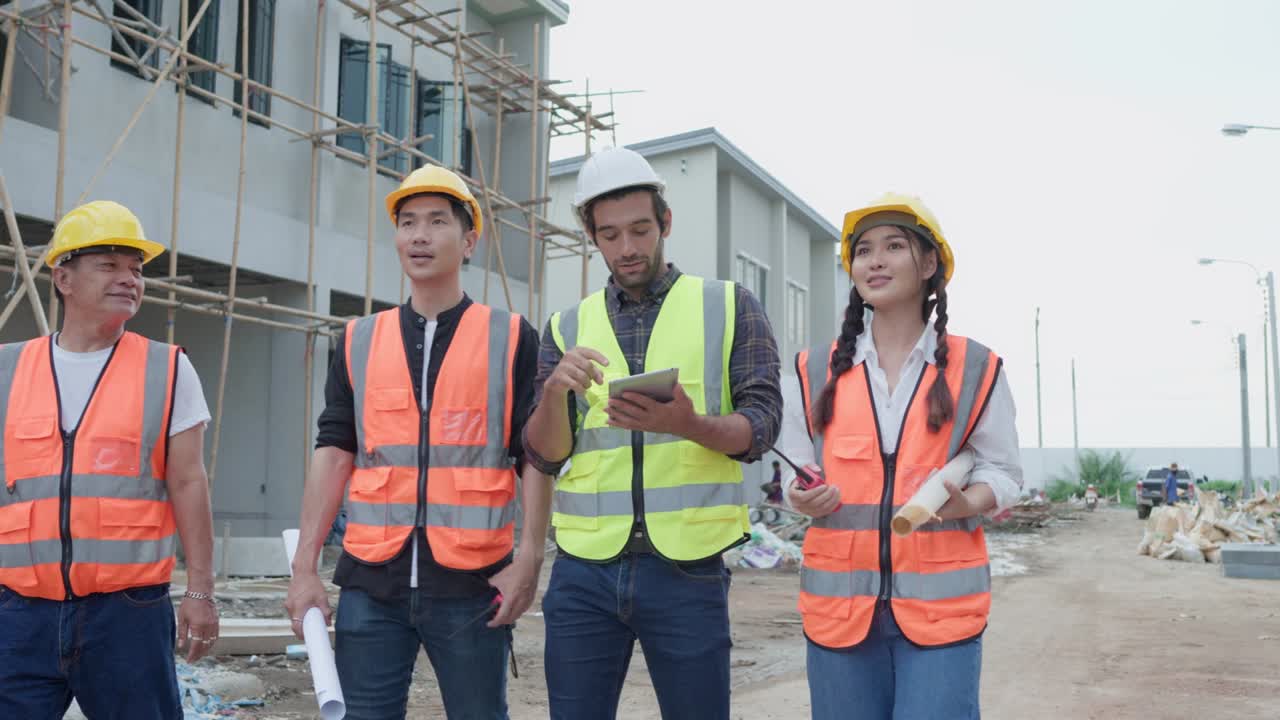 Diverse Teamwork of Engineer manager and Civil engineer or architect, foreman. while walking discuss, survey work building project with pointing on construction site.