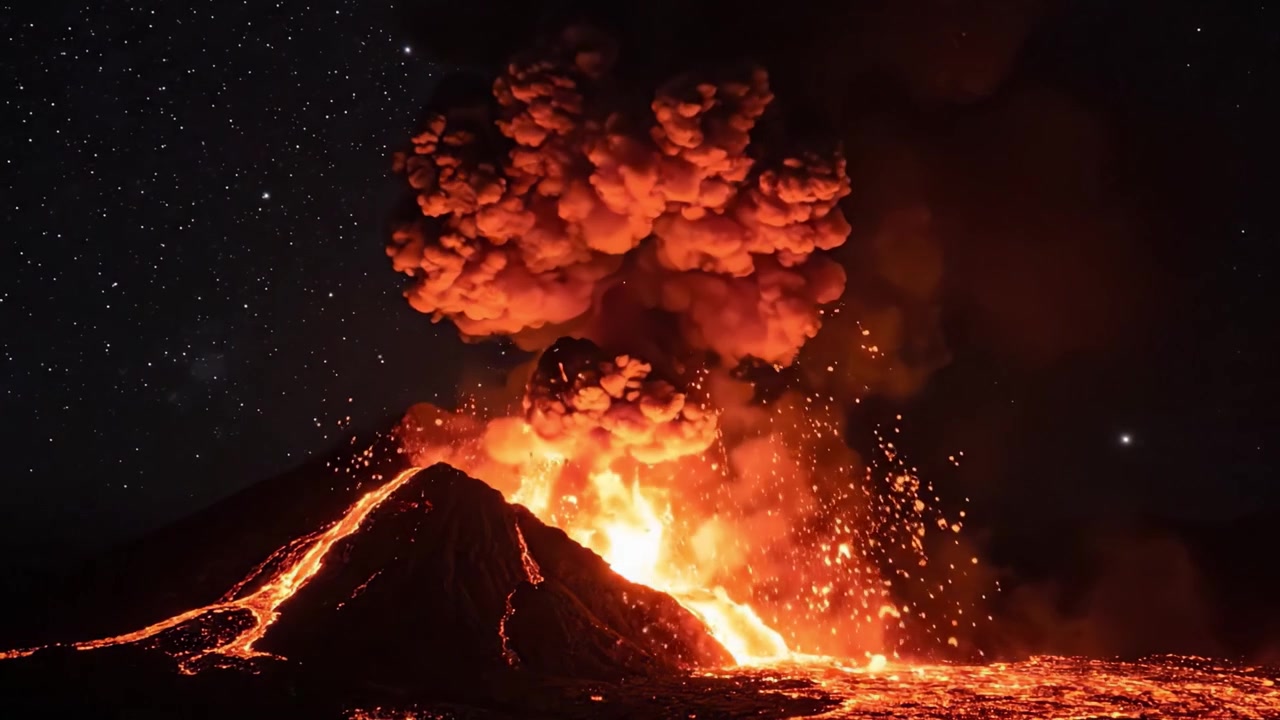 Spectacular Nighttime Volcanic Eruption with Fiery Lava Flow and Eruptive Ash Plumes Illuminating the Starry Sky Beneath: A Natural Phenomenon Unfolds
