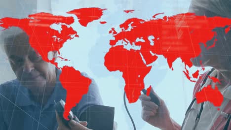 animación del mapa del mundo sobre el médico y el paciente