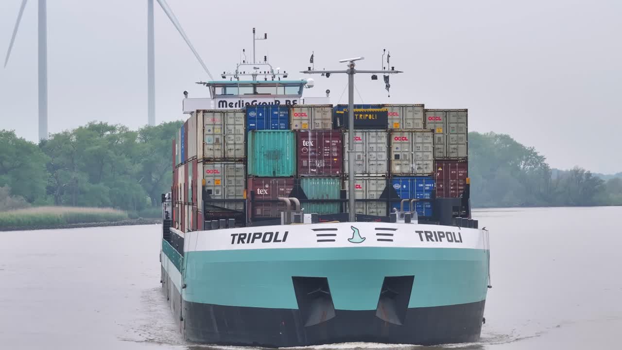 Huge Fully Loaded Container Ship on Inland River, Showcasing International Trade Export and Import Business