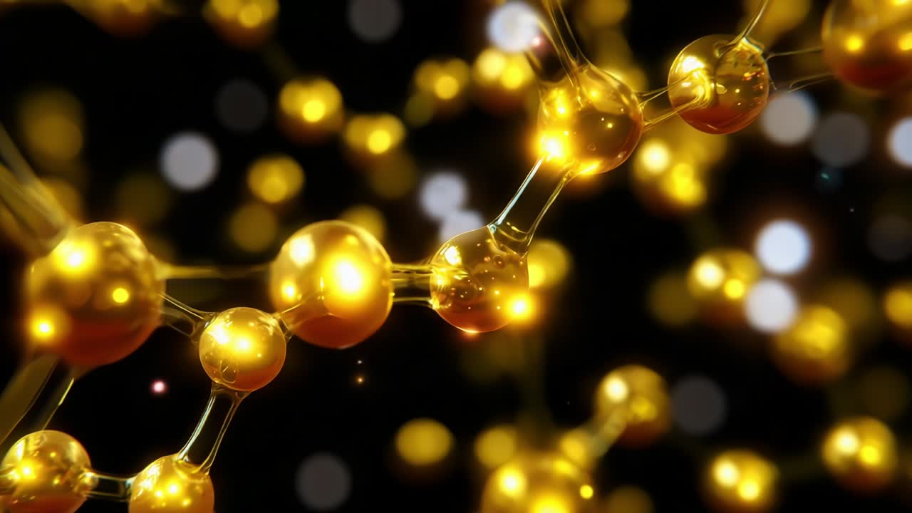 Mesmerizing Close-Up of Glimmering Molecules: Explore the Intricacies of Vibrant Molecular Structures with Brilliant Golden Atoms, Stunning Light Reflections, and Gleaming Connections in a Dark Background