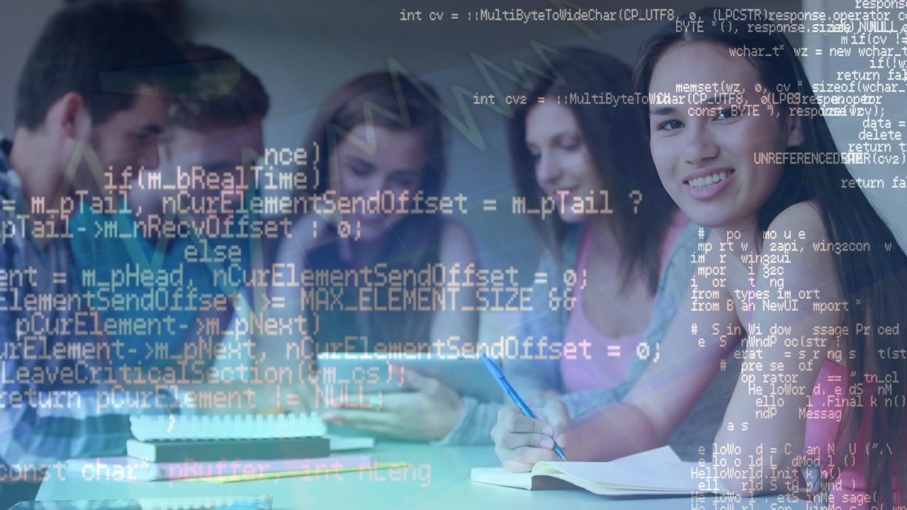 Animation of data processing over smiling diverse male and female students studying together