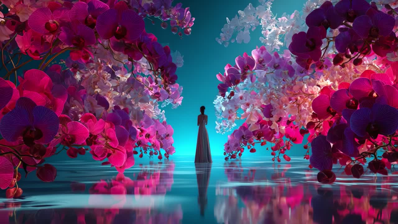 Woman in a Dreamlike Orchid Garden