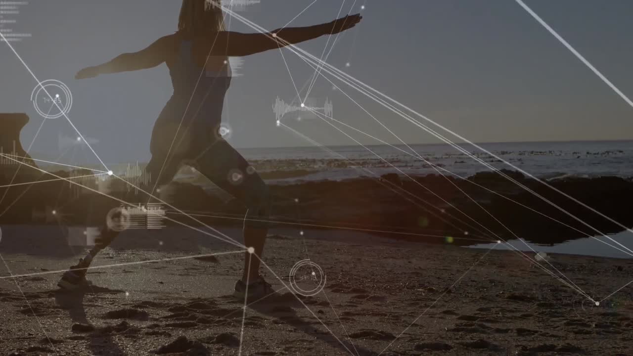 animación del procesamiento de datos con una atleta discapacitada con prótesis de pierna haciendo ejercicio en el fondo