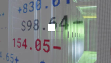 animation of data loading squares and financial data processing over server room
