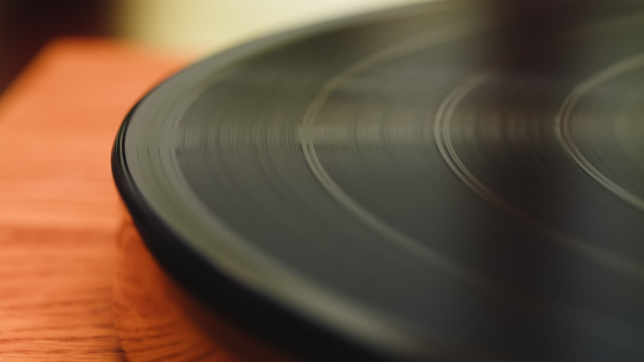Close-up of a Vinyl Record Spinning on a Turntable