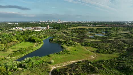 aerial view of a park and cityscape