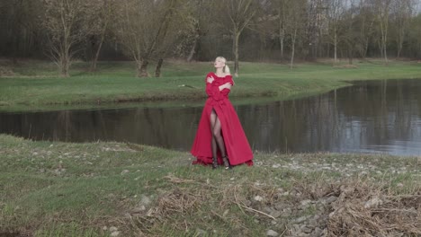 una toma dramática de una chica con un vestido rojo de pie sola en la naturaleza