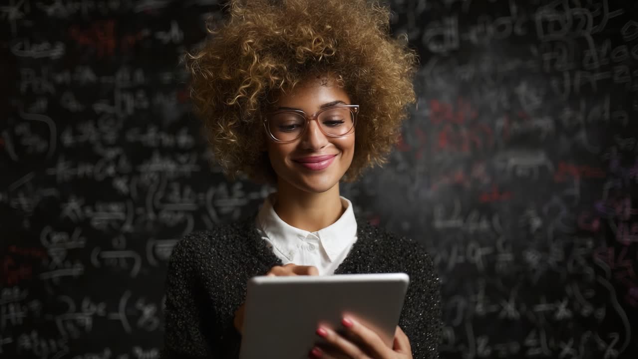 A Confident Woman Engaging with Technology while Surrounded by Mathematical Equations and Formulas, Casting a Light of Intelligence and Knowledge