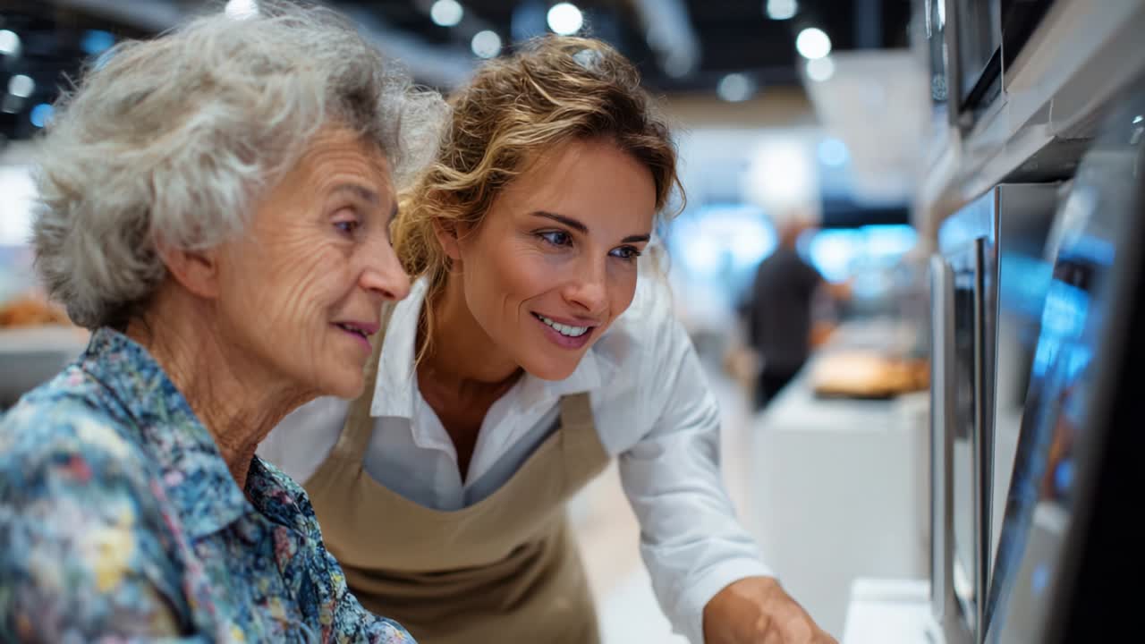 Engaging Interaction Between a Woman and an Elderly Lady at a Tech Display, Showcasing Learning and Support in a Modern Environment with Technology and Life Guidance