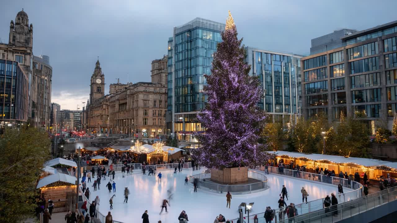 A Winter Wonderland: Spectacular Christmas Scene Featuring an Illuminated Tree, Busy Ice Skating Rink, and Festive Market under a Night Sky