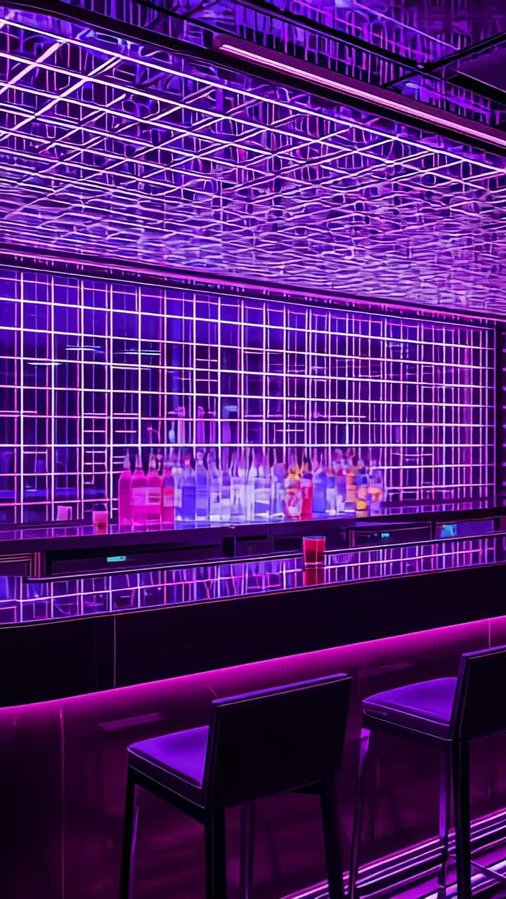 Vertical video: Panning shot showing LED grid with color bottles on glossy bartop and red shaker