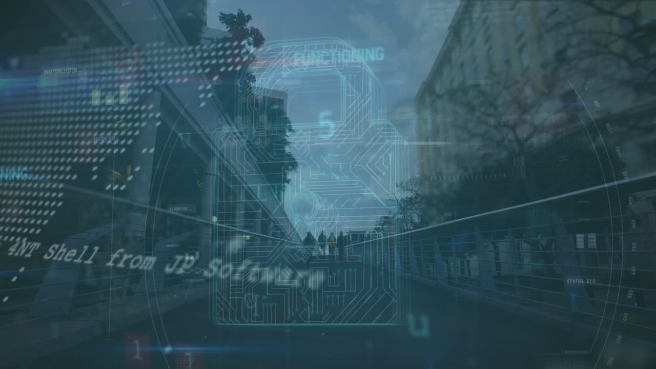 animación del procesamiento de datos de ciberseguridad contra el lapso de tiempo de las personas que caminan por el puente de la ciudad
