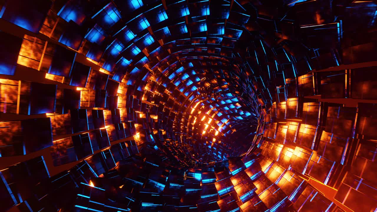 Flying through a tunnel of blue and orange metal cubes. Infinitely looped animation.