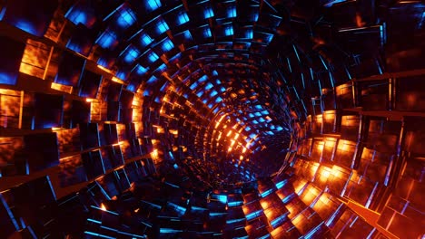 flying through a tunnel of blue and orange metal cubes. infinitely looped animation.