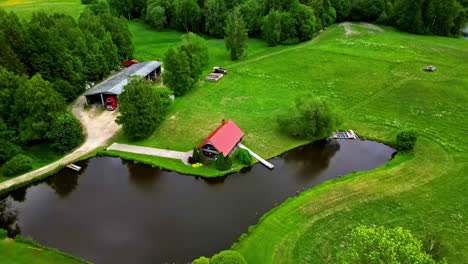 red roof farm house on rural farmland, lake house, surrounded by forest, lush green grass, aerial drone establishing shot, wide angle