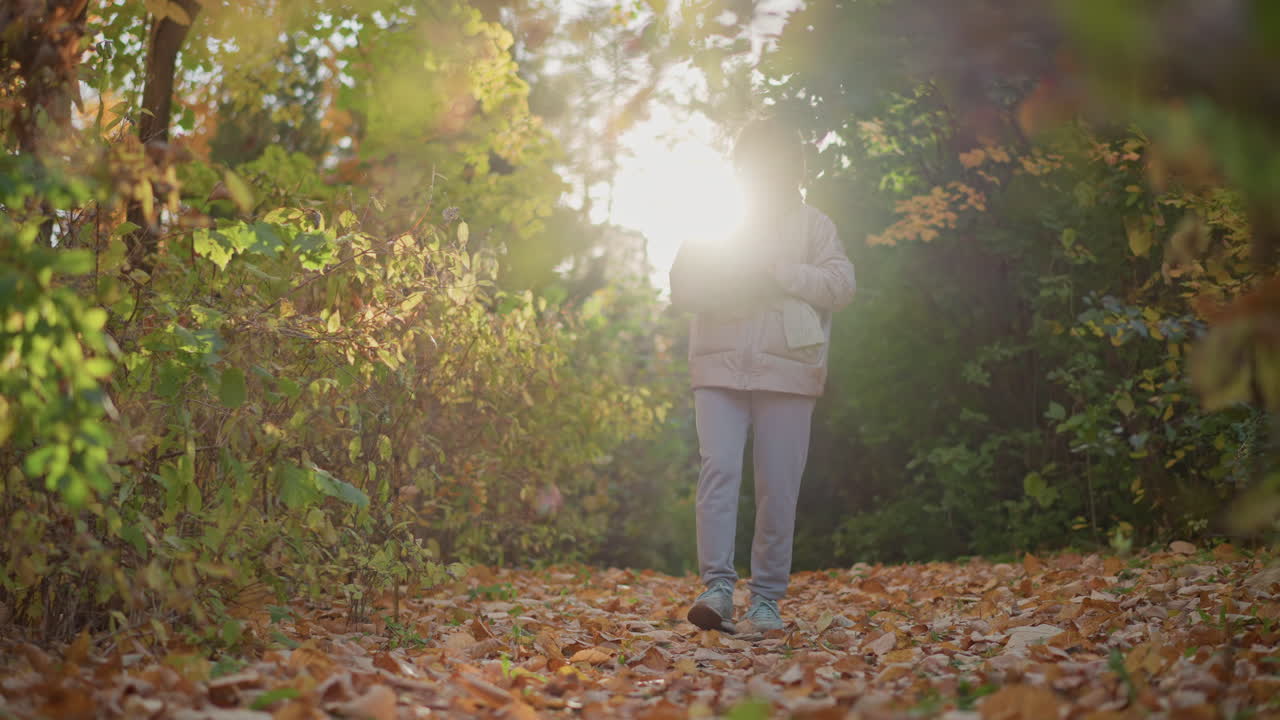 book lover walking through autumn forest path reading book in hand, golden leaves carpeting ground and sunlight filtering through trees, cozy scarf and jacket
