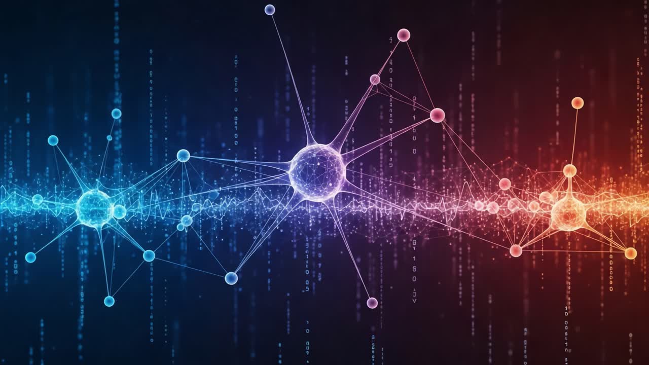 Exploring the Intersection of Science and Technology: A Vivid Representation of Particle Connections and Data Flow in a Dynamic Digital Environment