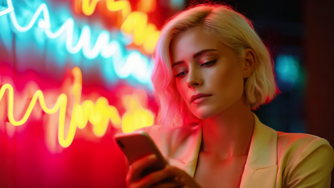 A Thoughtful Moment in Neon: Capturing the Essence of a Young Woman Engrossed in Her Phone Amidst a Vibrant Neon Background, Reflecting Emotions of Modern Connectivity and Solitude