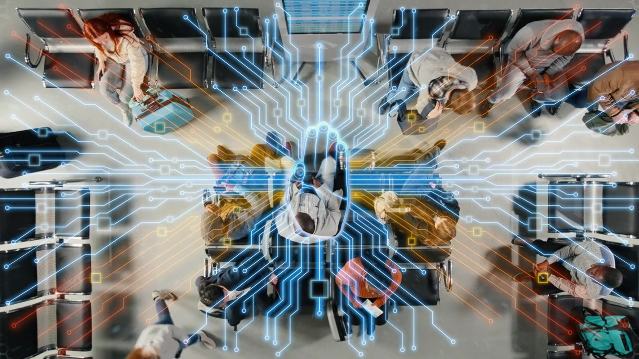 Multiethnic men and women in airport using biometric matching, VFX