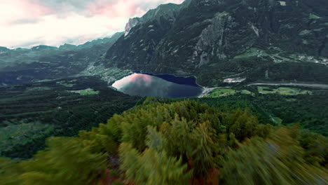aerial view of poschiavo lake amid lush mountains, serene and natural scene