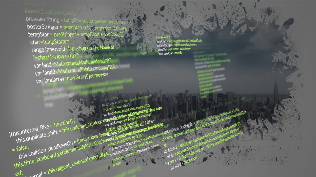 Cityscape with green code snippets and abstract paint splatter animation overlay