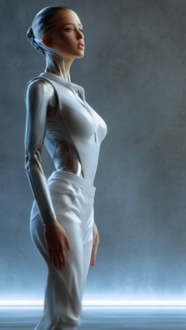 Futuristisk humanoid robot står i et elegant, moderne miljø, der viser avanceret teknologi og designæstetik, og fremhæver blandingen mellem AI og menneskelignende træk.