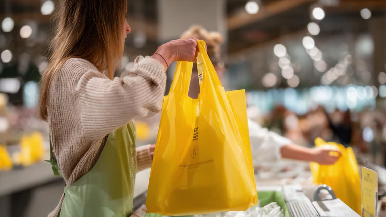 A shopper in a green apron meticulously packs items into bright yellow bags at a bustling market, showcasing the vibrant atmosphere and the joy of grocery shopping