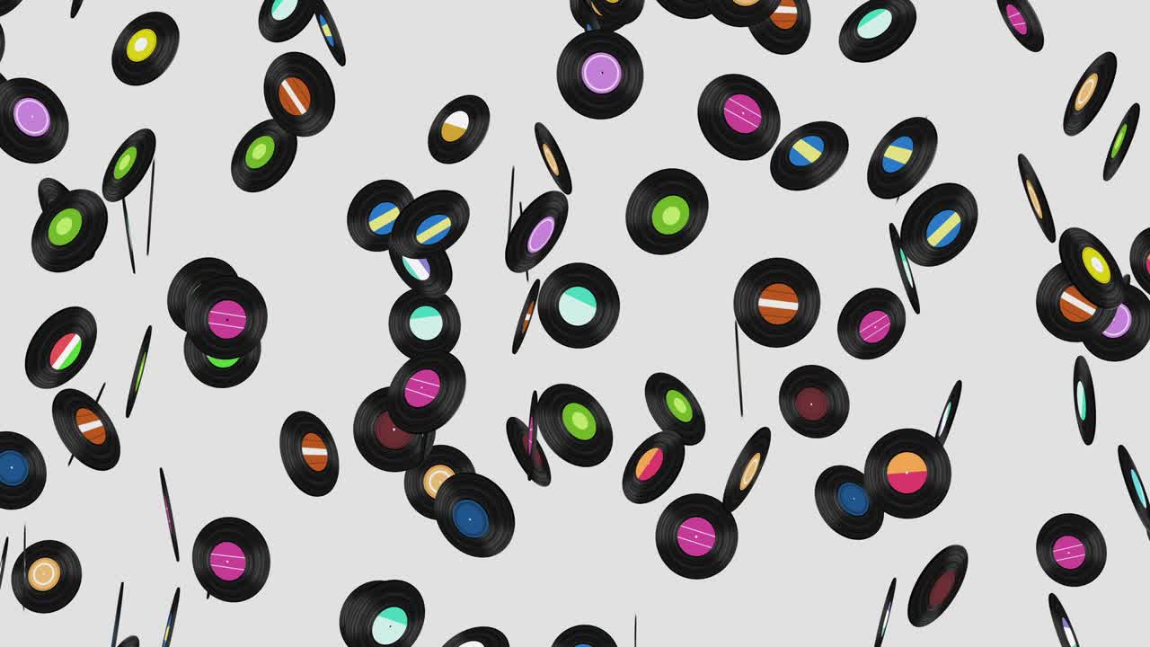 색 배경에 많은 비닐 레코드를 날아. 오래된 기술. 레트로 디자인. 음악 레코드 회전의 3d 애니메이션. 루프 애니메이션.