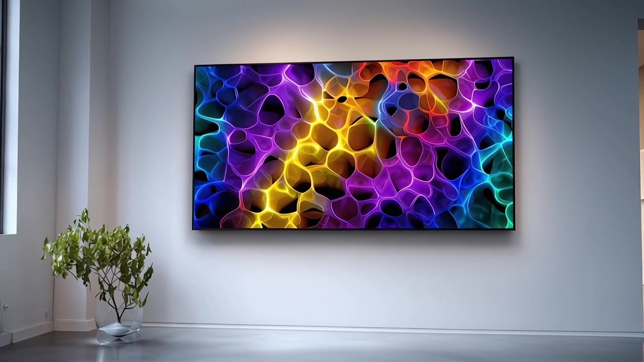 Galleria d'arte moderna con un grande schermo che espone vibrante arte digitale astratta.