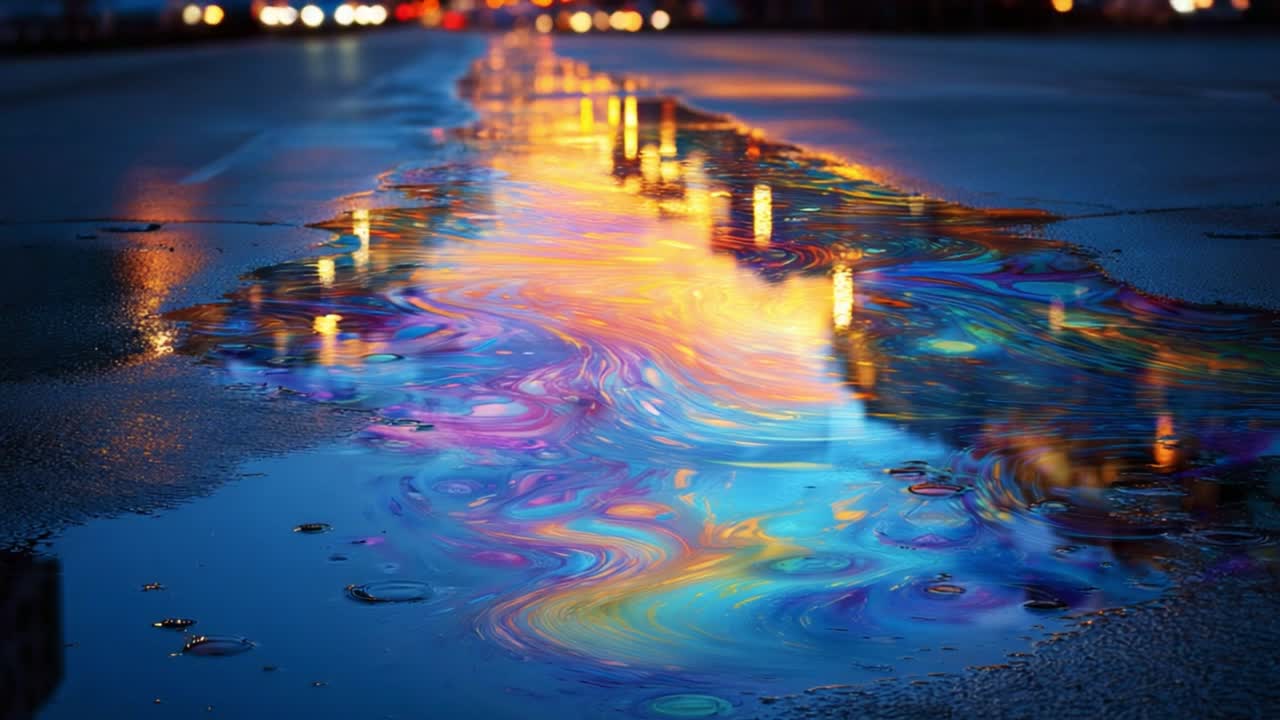 A mesmerizing scene of colorful reflections in a puddle on a road illuminated by streetlights, showcasing swirling patterns resembling an abstract painting at twilight