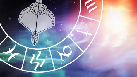 composición del símbolo del signo de la estrella de sagitario en la rueda del zodiaco giratoria sobre las estrellas brillantes