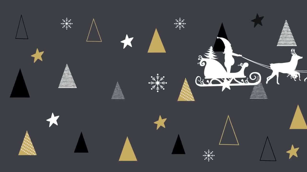 animación de santa claus en trineo con renos sobre estrellas y textura de árbol de navidad