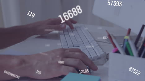 animación de múltiples números cambiantes contra la sección media de un hombre escribiendo en el teclado