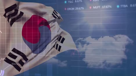 Animation-of-south-korean-flag-with-skyscape-and-trading-board,-graphs-and-charts