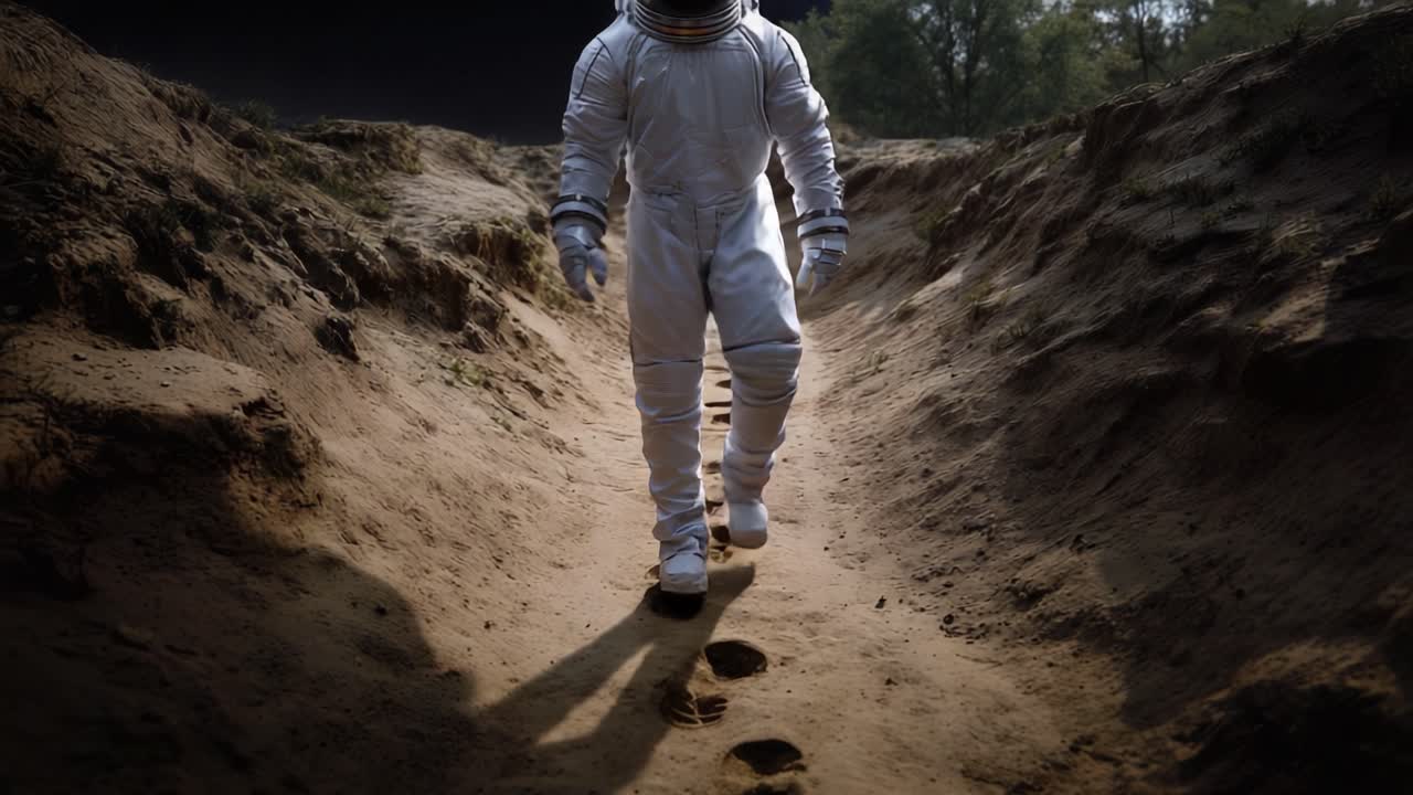 Um astronauta atravessa um caminho arenoso, deixando pegadas em uma paisagem dramática, exibindo exploração e descoberta em um ambiente de outro mundo