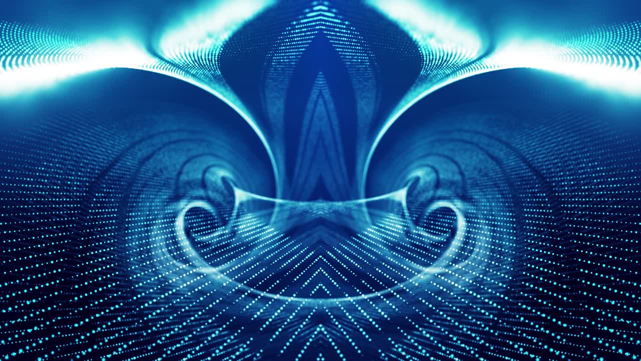 Sci-fi abstract theme with particle mirror waves. 4k looped abstract blue background of glow particles form curved lines, surfaces simmetrical structures. Digital bg with particle hologram.