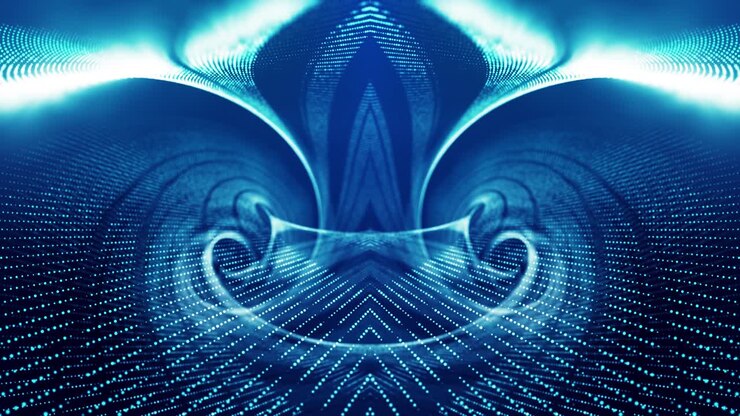 Sci-fi abstract theme with particle mirror waves. 4k looped abstract blue background of glow particles form curved lines, surfaces simmetrical structures. Digital bg with particle hologram.