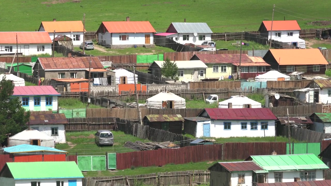 Small Rural Village with Traditional Gers and Houses in Mongolia