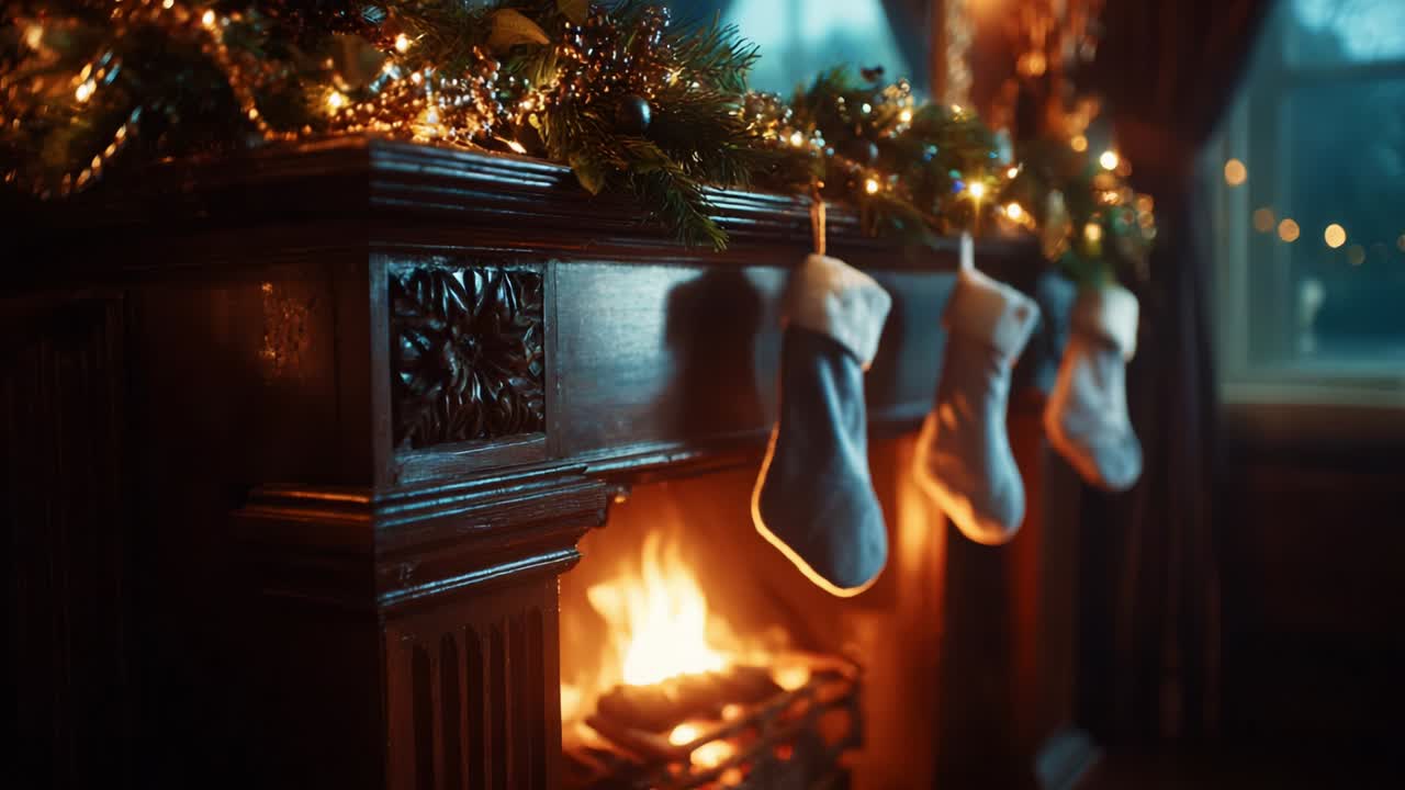 A Cozy Fireplace Decorated for the Holiday Season with Stockings and Twinkling Lights, Creating a Warm and Inviting Atmosphere Perfect for Christmas Gatherings and Family Celebrations